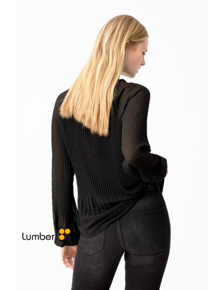 Blusa negra plisada cuello mao botones m/l SOLARN