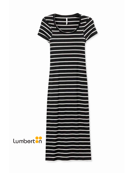 Vestido largo punto negro canalé rayas blancas M/C BAILEYN