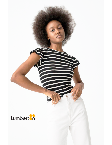 Camiseta c/redondo manga volantes rayas blanco/negroGAVIB