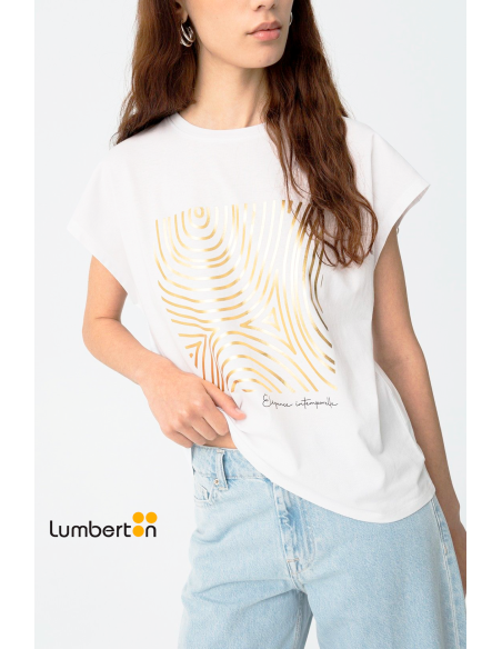 Camiseta algodón blanca estampado dorado MADRID