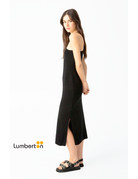 Vestido negro básico largo asimétrico corte de punto IOSN