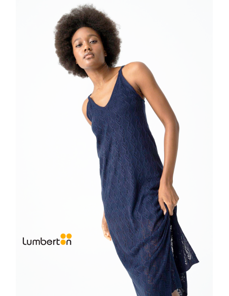 Vestido azul marino calado largo tirantes APOLONIA