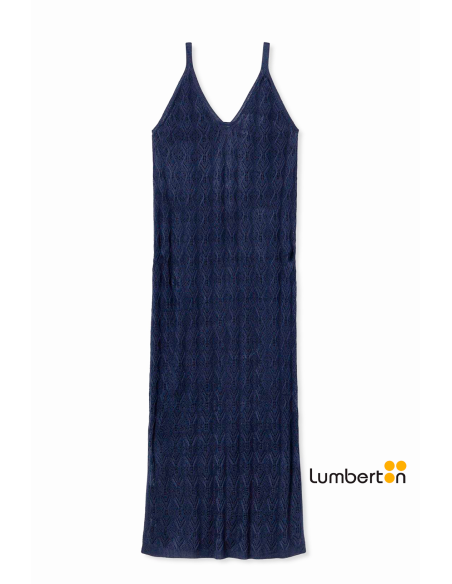 Vestido azul marino calado largo tirantes APOLONIA