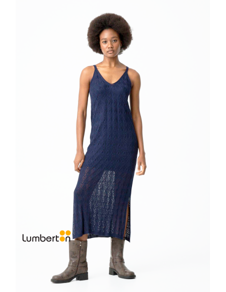 Vestido azul marino calado largo tirantes APOLONIA