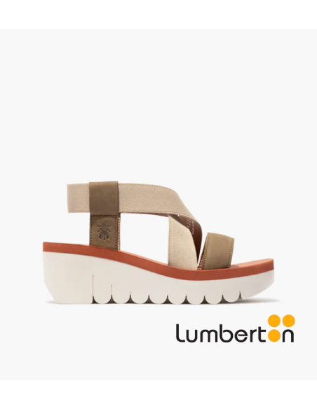 Sandalia beige y kaki tiras elásticas cuña YABIM