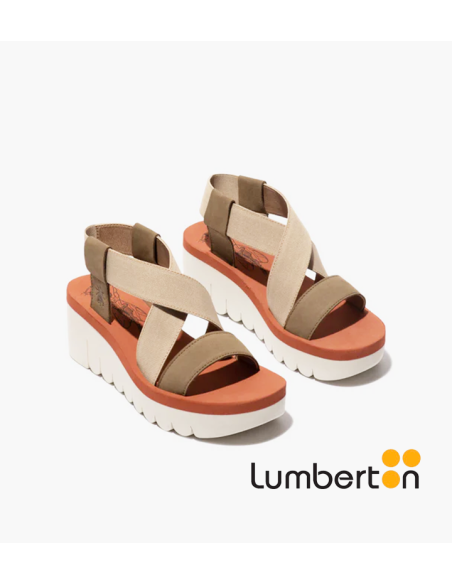 Sandalia beige y kaki tiras elásticas cuña YABIM