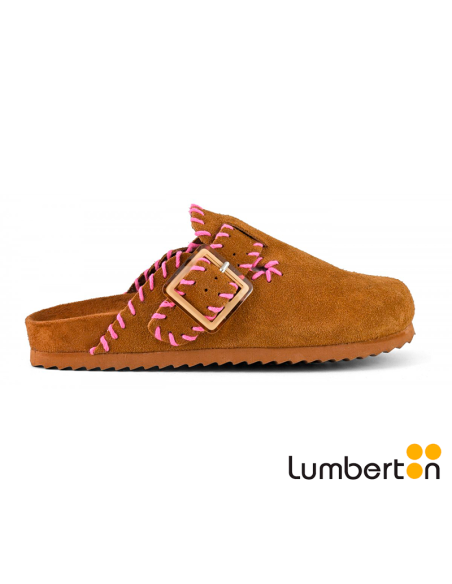 Zueco marrón con detalle costura rosa y hebilla BIO409 CALIFORNIA