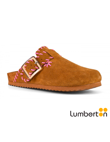 Zueco marrón con detalle costura rosa y hebilla BIO409 CALIFORNIA