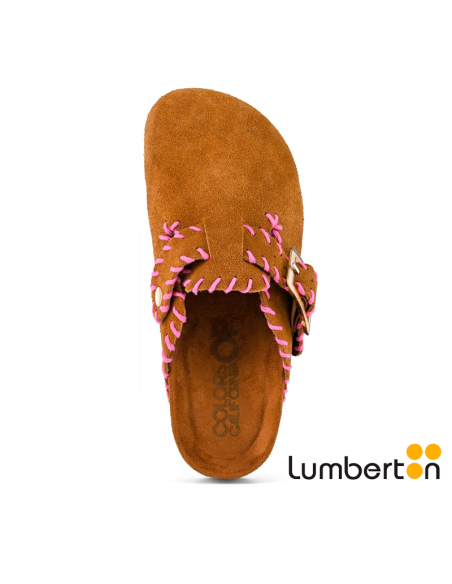 Zueco marrón con detalle costura rosa y hebilla BIO409 CALIFORNIA