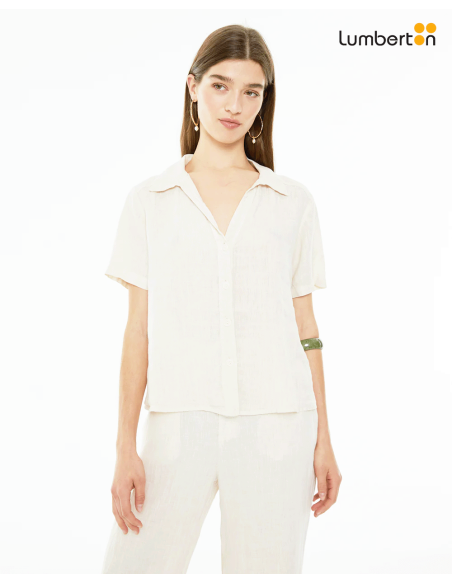 Camisa de lino de manga corta con escote camisero BeigeCA420B