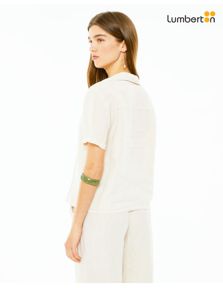 Camisa de lino de manga corta con escote camisero BeigeCA420B