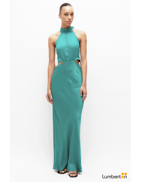 Vestido largo satinado halter verde11237