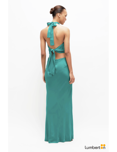 Vestido largo satinado halter verde11237