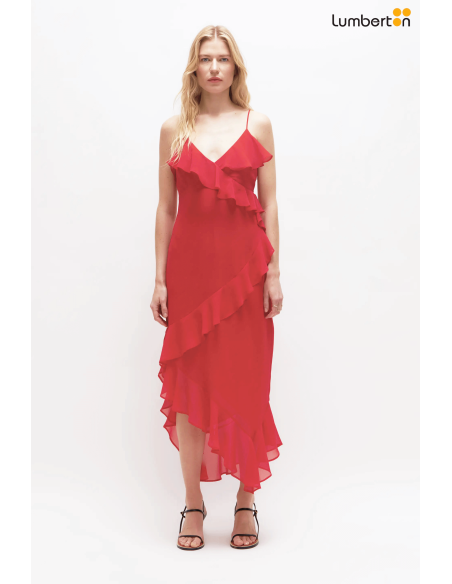 Vestido midi de gasa volantes rojo12201