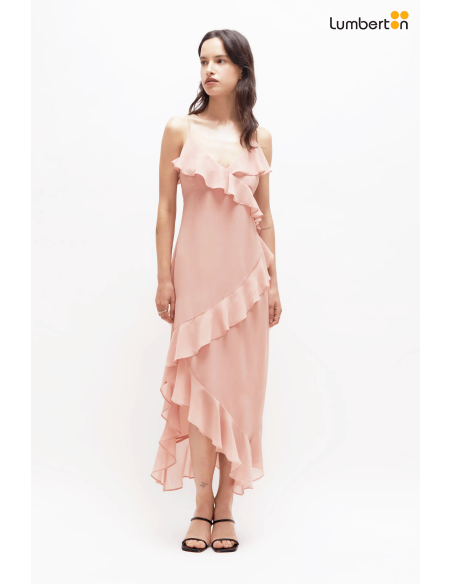 Vestido midi de gasa volantes rosa12207