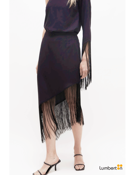 Falda midi asimétrica con flecos negra11275
