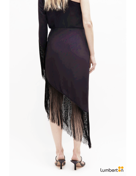 Falda midi asimétrica con flecos negra11275