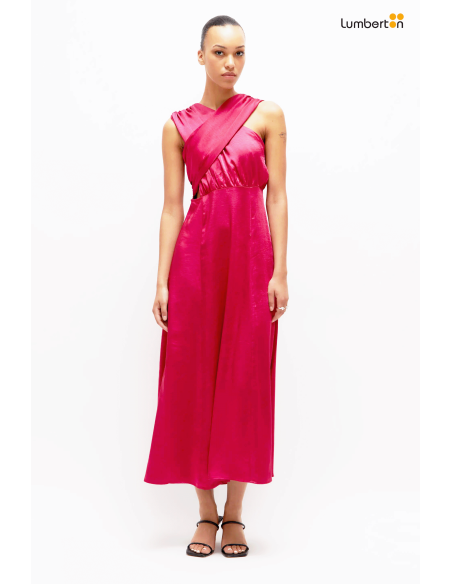Vestido midi satinado asimétrico rosa11274