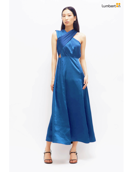 Vestido midi satinado asimétrico azul11273