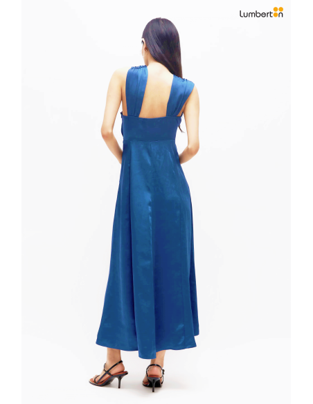 Vestido midi satinado asimétrico azul11273