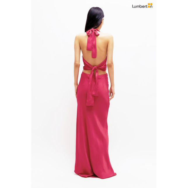 Vestido largo satinado halter rosa11280