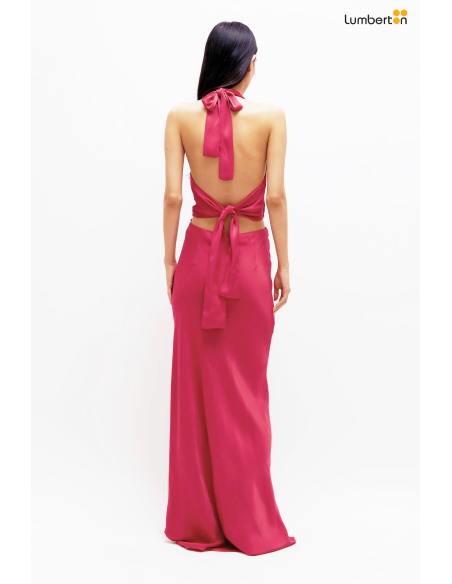 Vestido largo satinado halter rosa11280