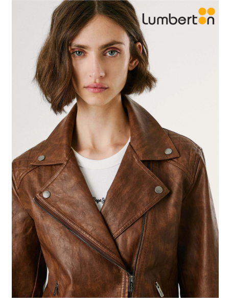 Cazadora piel marrón solapa grande STACY