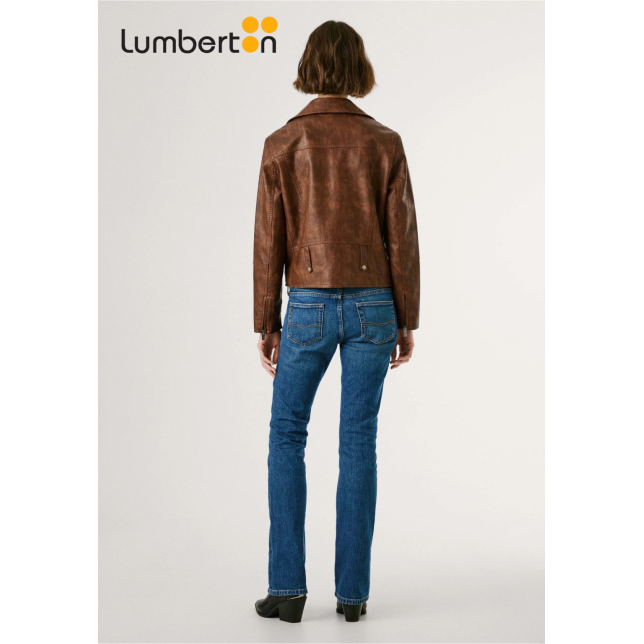 Cazadora piel marrón solapa grande STACY