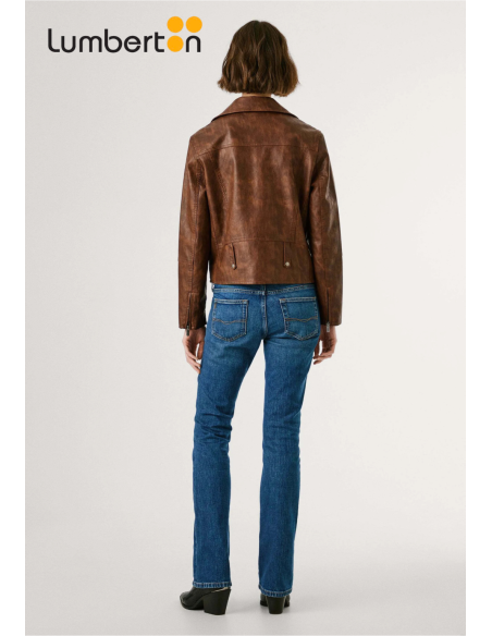 Cazadora piel marrón solapa grande STACY