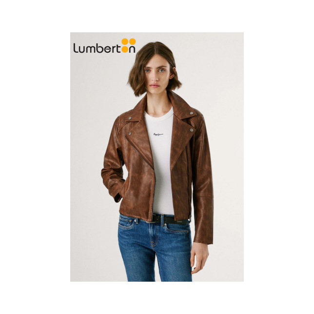 Cazadora piel marrón solapa grande STACY