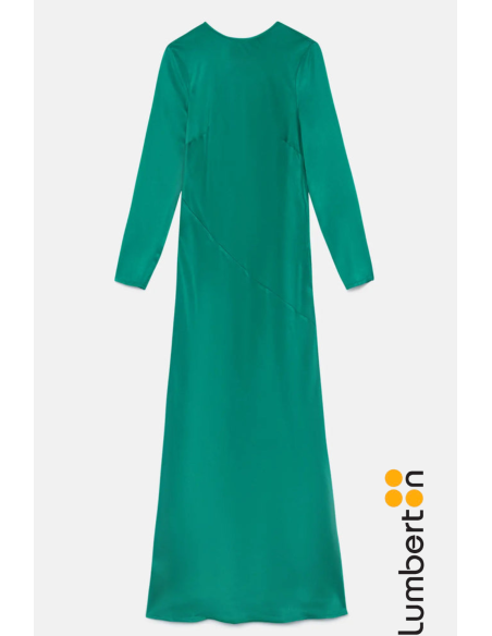 Vestido Largo Saten Verde M/L Escote Detrás11271