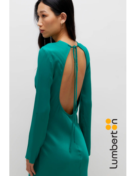 Vestido Largo Saten Verde M/L Escote Detrás11271