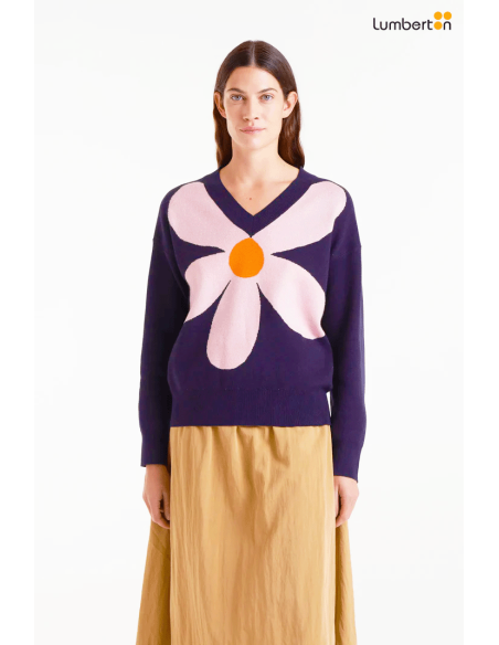 Jersey de punto jacquard con estampado big navy blue flower10201