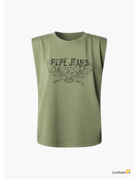 Camiseta cuello redondo verde militar con dibujo "corazon de alas"BERTHAV