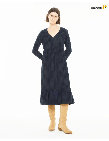 Vestido midi azul marino de cuadros de manga largaM/LVEO17