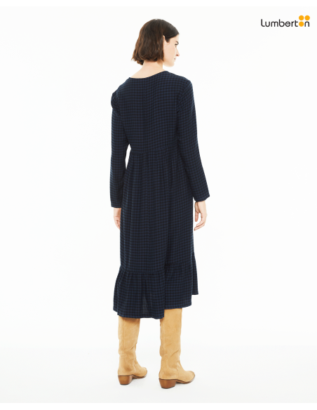 Vestido midi azul marino de cuadros de manga largaM/LVEO17