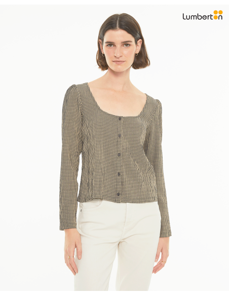 Camisa de cuadros manga larga y escote cuadradoCA906