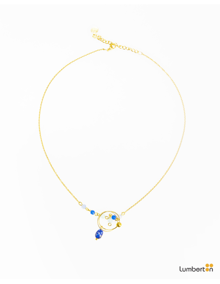 Collar oro dos aros y abalorios tonos azulesBI705