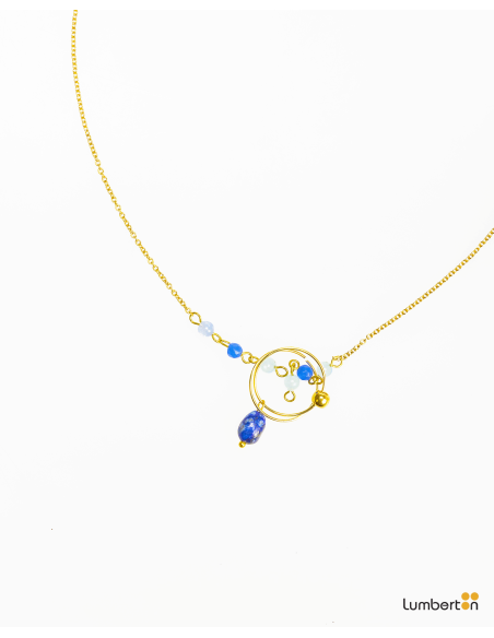 Collar oro dos aros y abalorios tonos azulesBI705