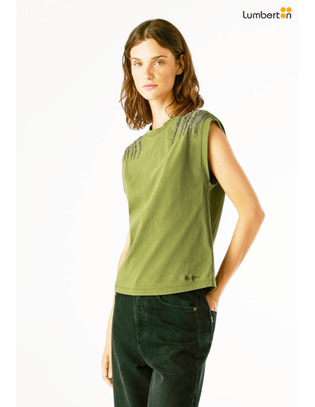 Camiseta verde manga corta con pedreríaBARRYV