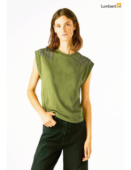 Camiseta verde manga corta con pedreríaBARRYV