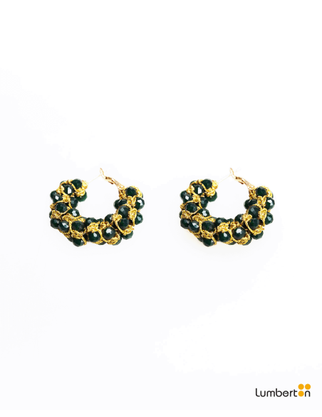 Pendientes aro color oro pedrería negraBI713