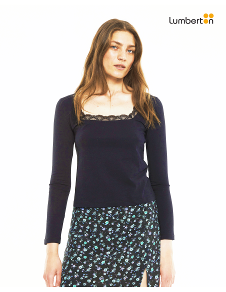 Camiseta Negra Cuello Cuadrado PuntillaCT902N