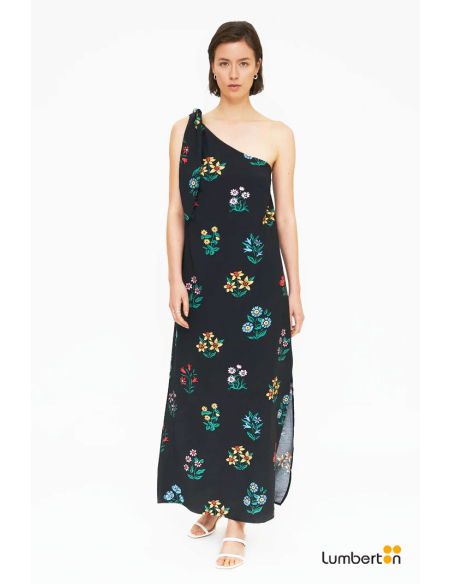 Vestido Largo Negro Asimétrico Estampado Multicolor gardener11315 Compañía Fantástica