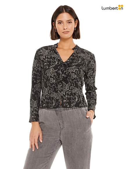 Blusa Gris Oscuro  Estampado Floral BlancoAO52N
