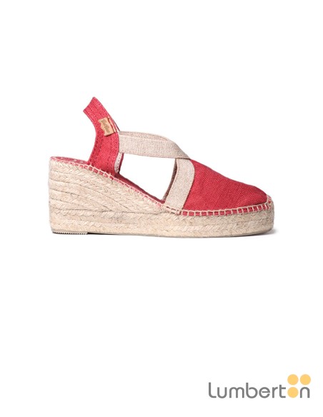 Sandalia tela roja cuña alta esparto TODAR