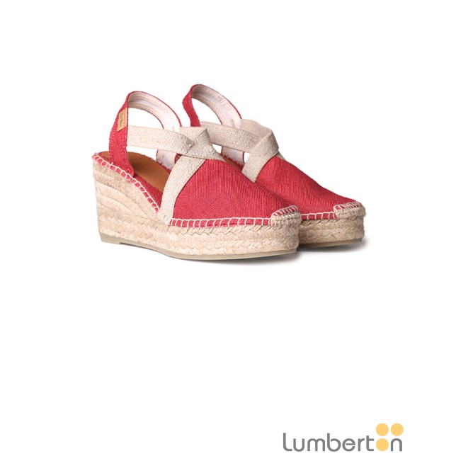 Sandalia tela roja cuña alta esparto...