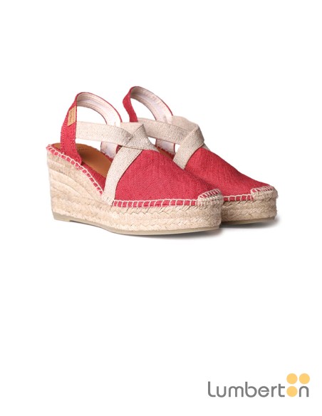 Sandalia tela roja cuña alta esparto TODAR