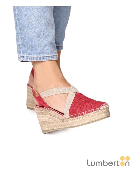 Sandalia tela roja cuña alta esparto TODAR
