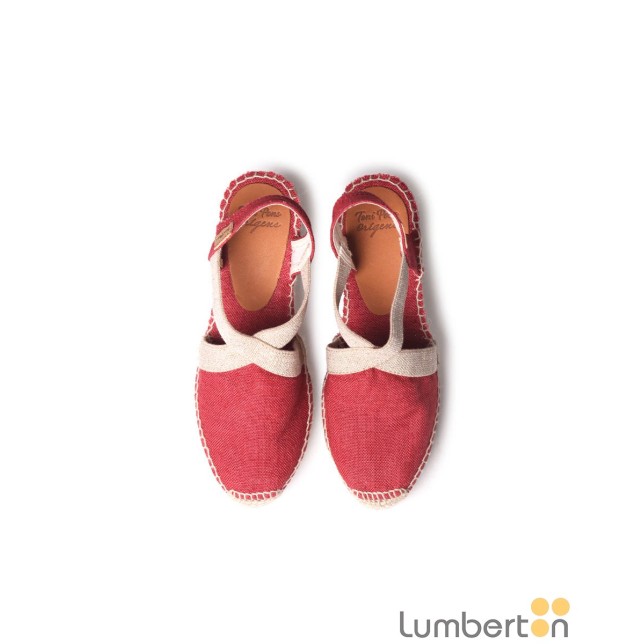 Sandalia tela roja cuña alta esparto...